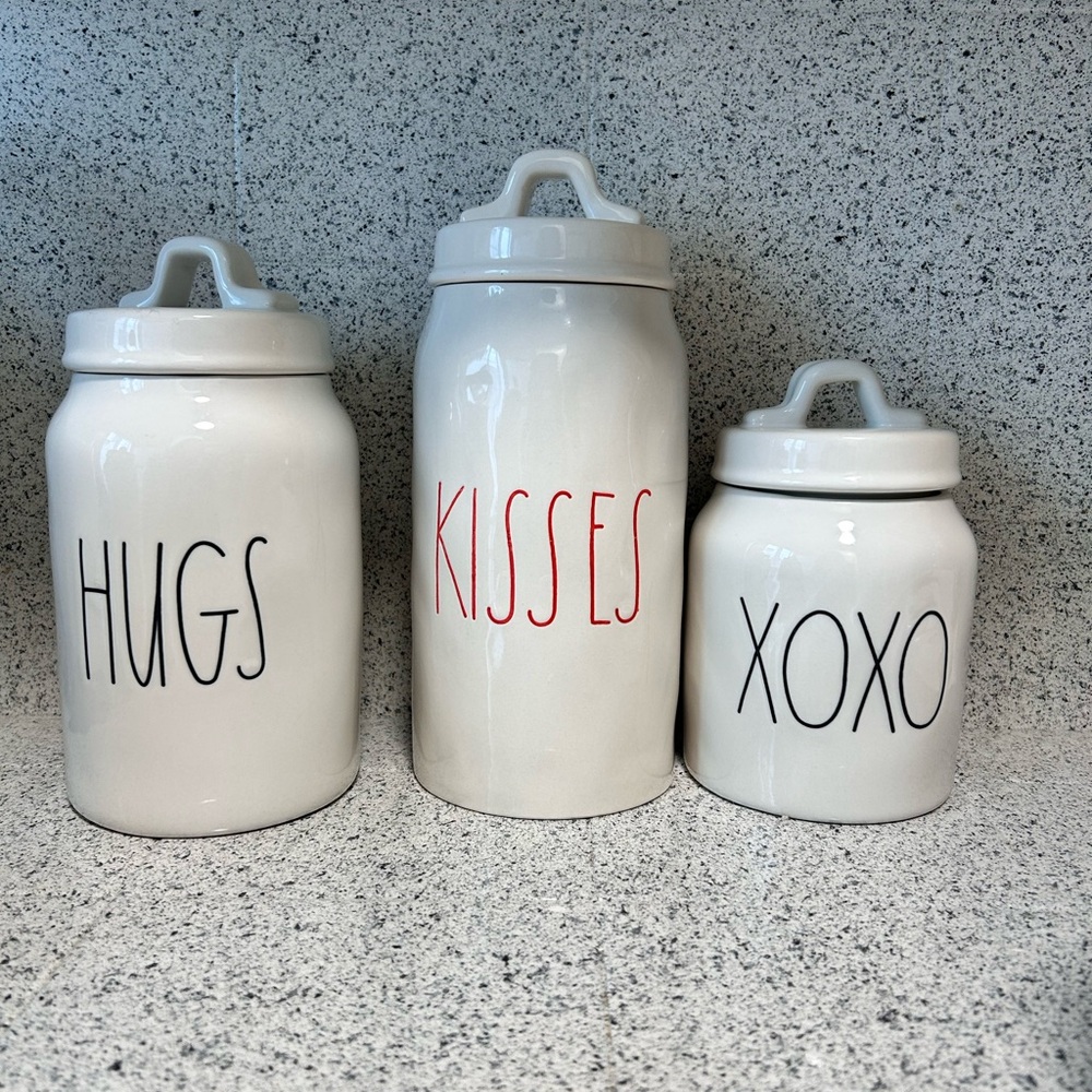 Rae Dunn White Ceramic Canister Set - Hugs, Kisses, XOXO